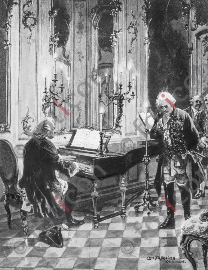 Johann Sebastian Bach und Friedrich der Große ; Johann Sebastian Bach and Frederick the Great - Foto foticon-simon-190-023-sw.jpg | foticon.de - Bilddatenbank für Motive aus Geschichte und Kultur